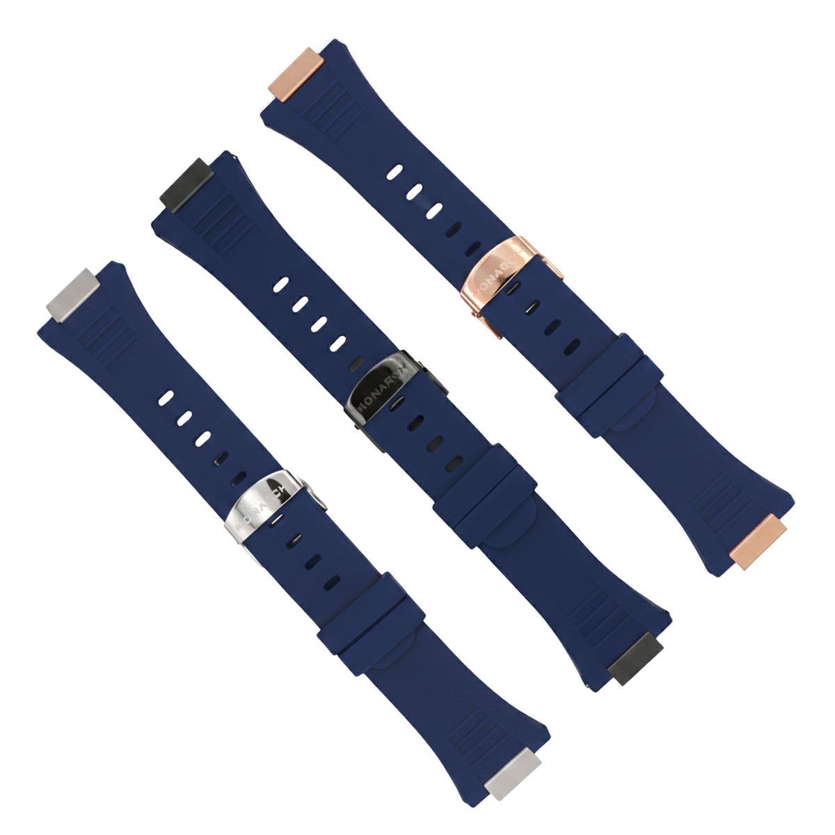 Bracelet Silicone Monarch Concept Navy et les trois variations de couleur acier